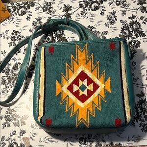 Bohemian Teal Crossbody Bag with Geometric Design